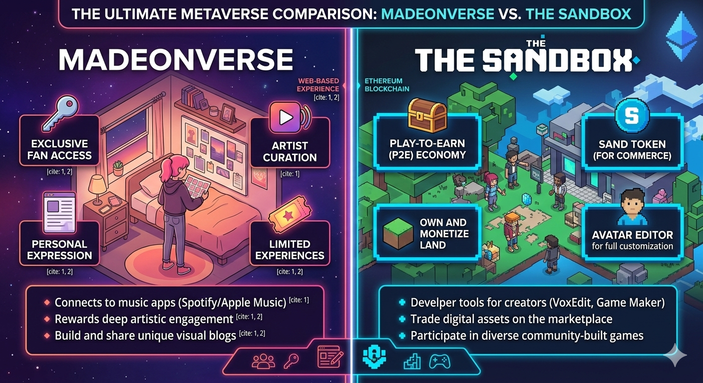 Madonverse vs The Sandbox comparison guide. Explore customization options, gameplay features, NFT ownership, metaverse experience, and discover which virtual world platform is better in 2026.