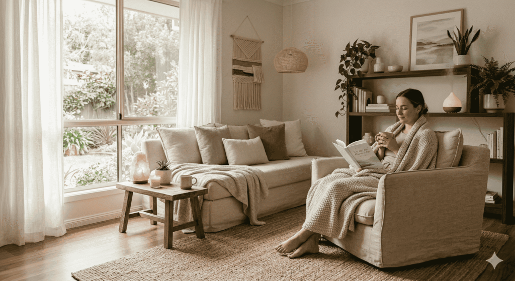 calming room with soft lights plants and cozy relaxing space