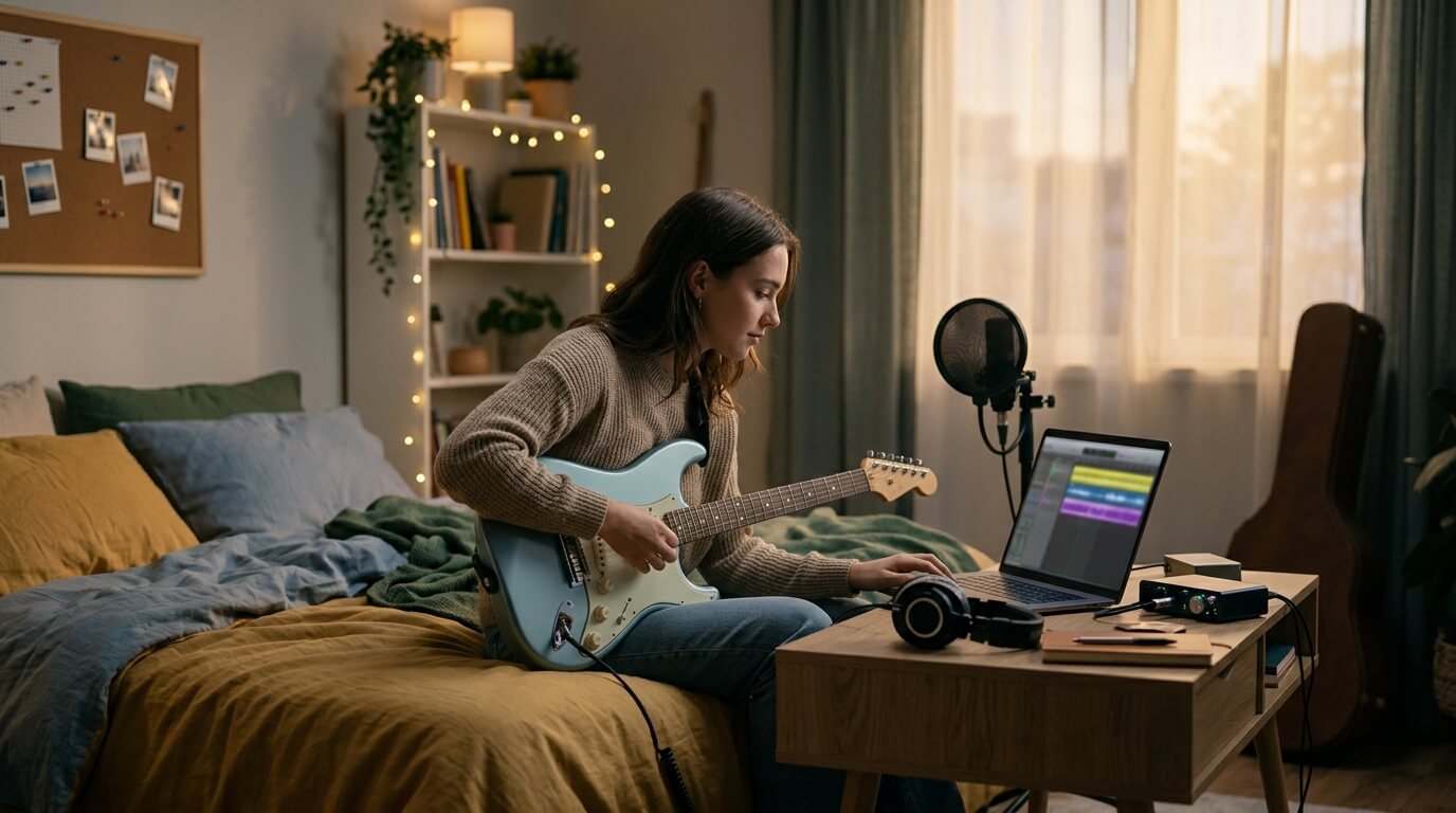 A dreamy bedroom pop aesthetic showing a cozy music-inspired bedroom with warm lighting and creative vibes