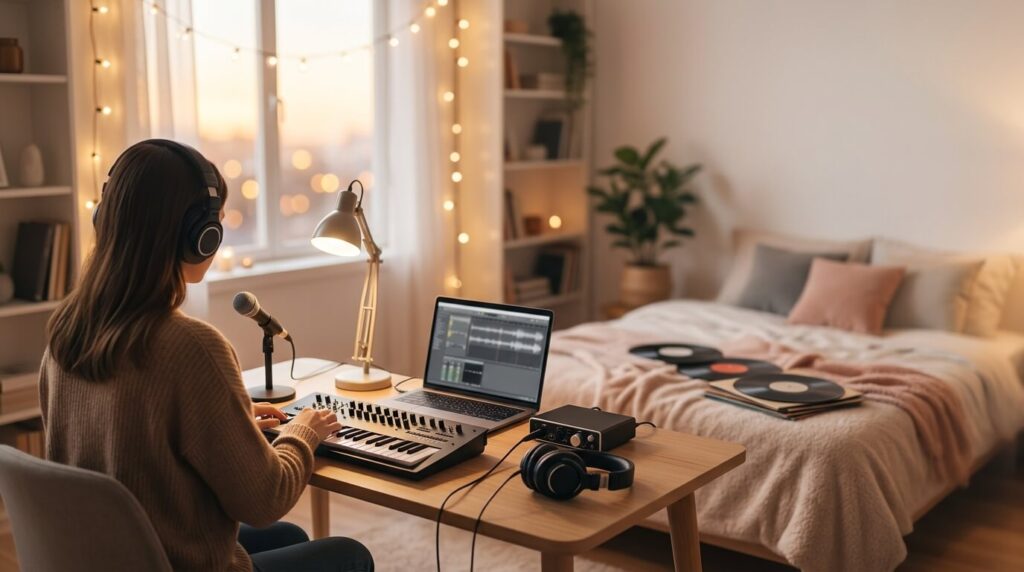 Bedroom pop artist creating music in a cozy bedroom studio with a laptop, microphone, and ambient lighting.