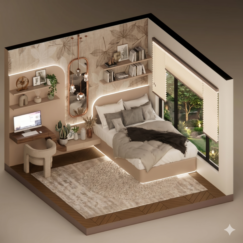 person designing a digital bedroom on laptop with 3d room interface