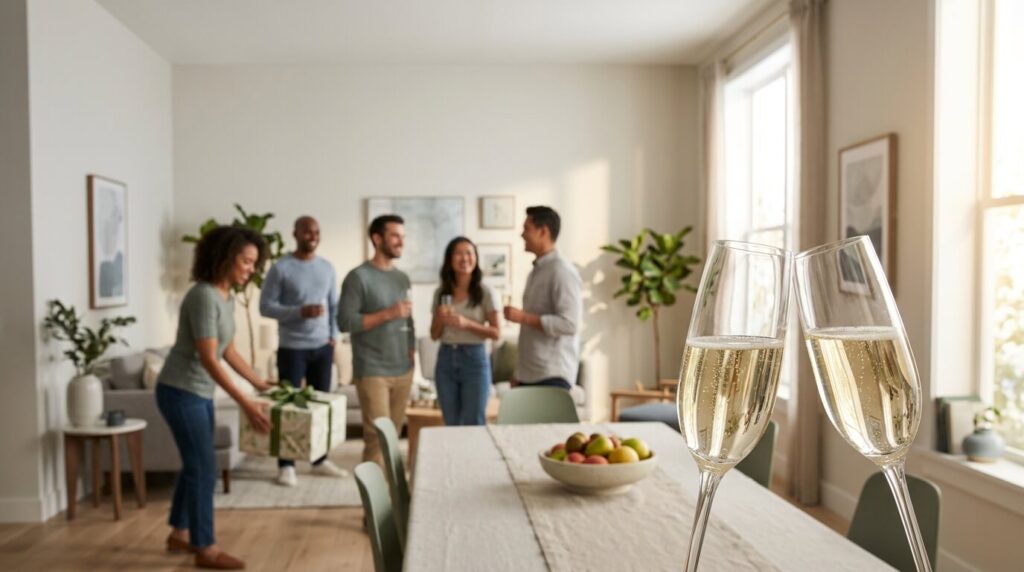 Friends and family enjoying a housewarming party in a new home with food, laughter, and warm conversations.