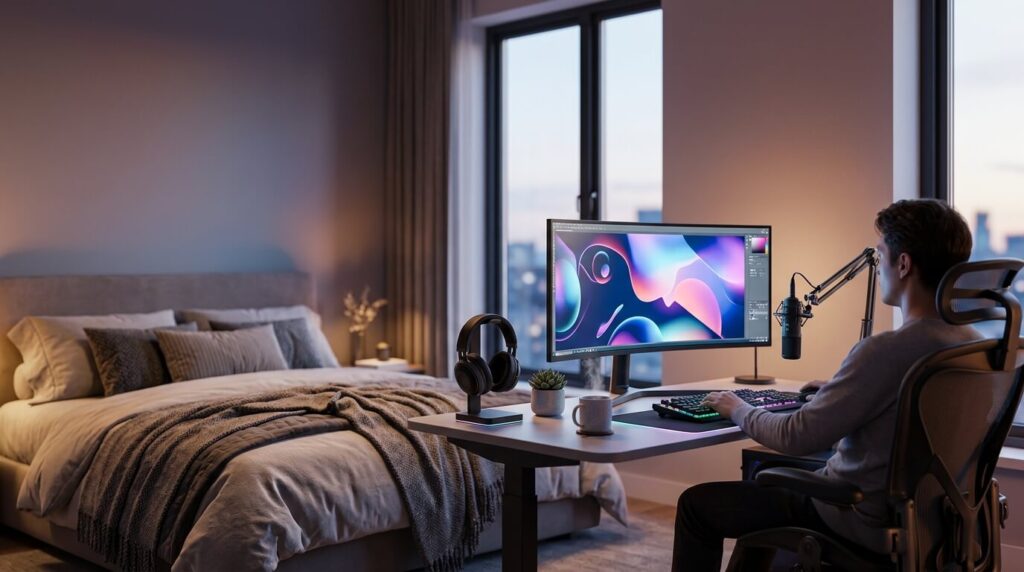 Modern internet bedroom with RGB lighting, gaming desk, and aesthetic room decor