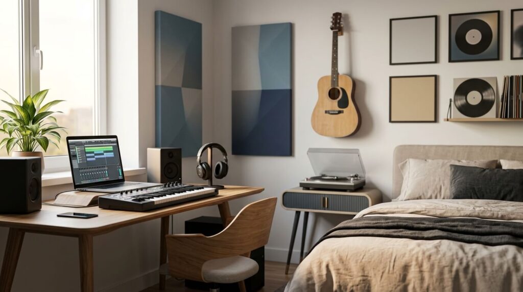 Bedroom pop music aesthetic featuring a cozy bedroom studio with guitar, laptop, microphone, and soft lighting.