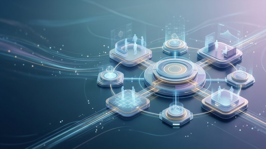 User interacting inside modern virtual platforms with immersive digital environment and 3D interface