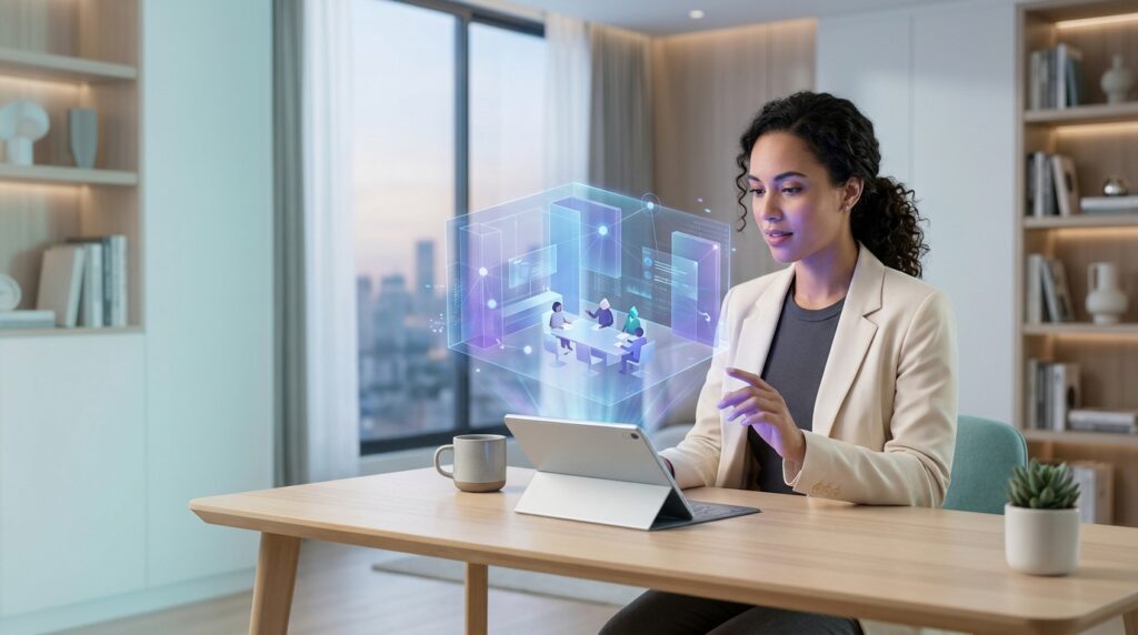 People interacting inside a virtual space with 3D digital environment, avatars, and immersive online world